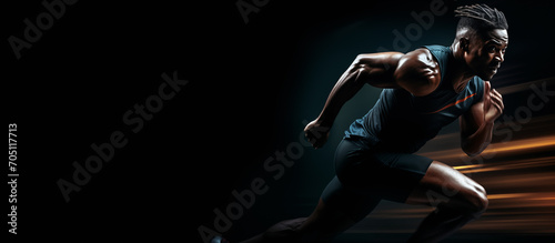 African male athlete running. Athletic sport fitness banner. Muscular man sprinting with motion blur. © JoelMasson