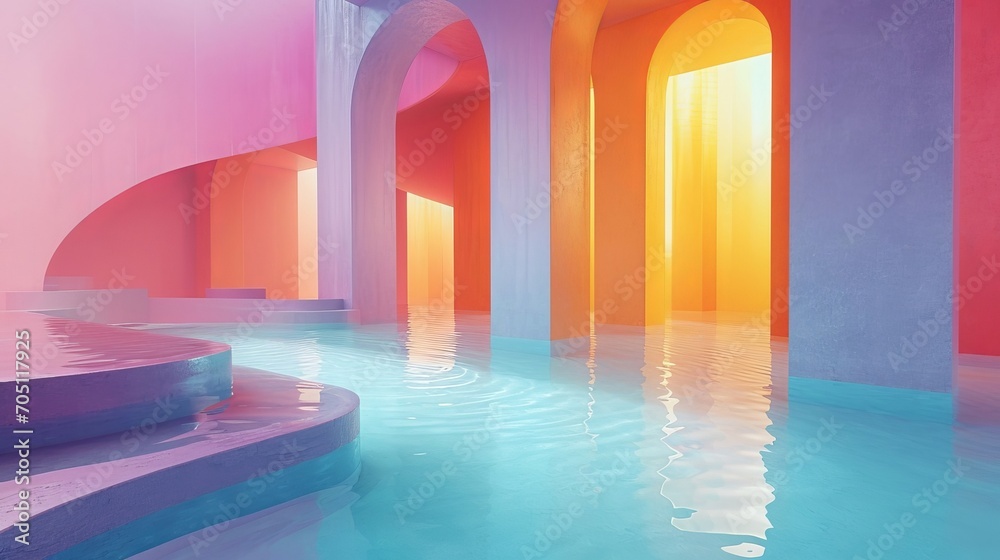 abstract architecture interior 3d render  colorful lighting swimming pool 