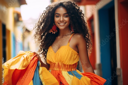 woman with the charm of Colombia and a vibrant colored dress dancing jubilantly photo