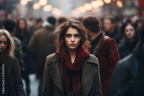 young woman walking in a bad mood through the crowd