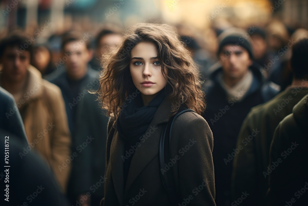young woman walking in a bad mood through the crowd young woman walking in a bad mood through the crowd