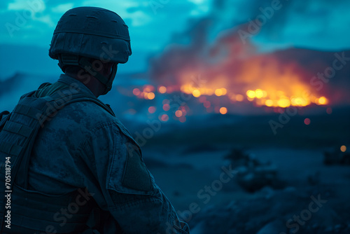 US Marine Infantryman Overlooking Battlefield with Burning Vehicles and Smoke Pillars