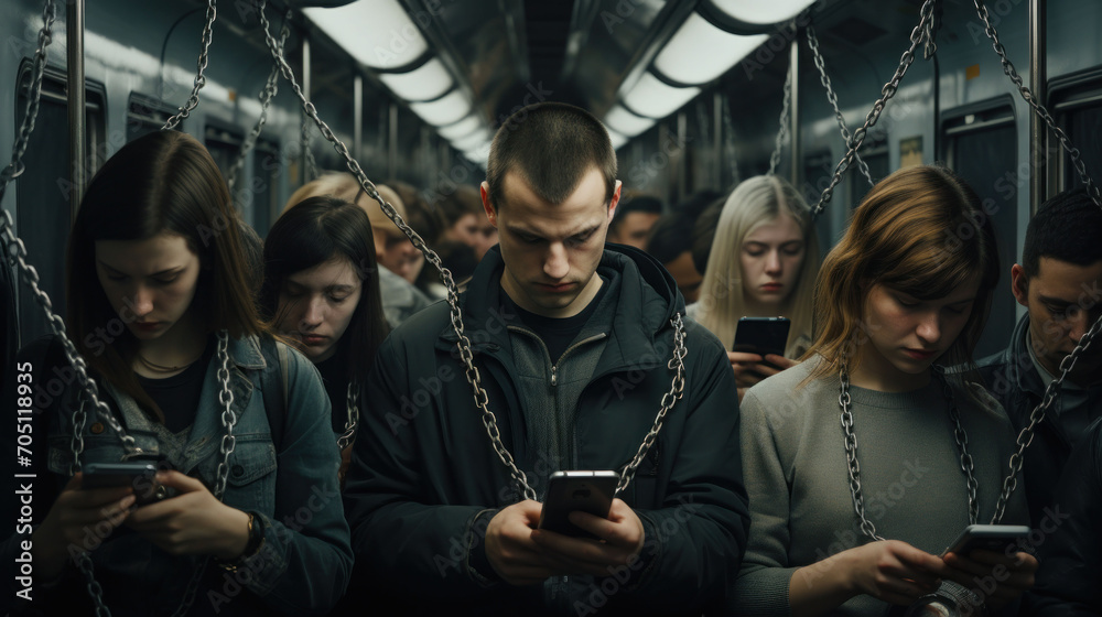 people tethered to smartphones while using public transportation, subway, banner - obrazy, fototapety, plakaty 