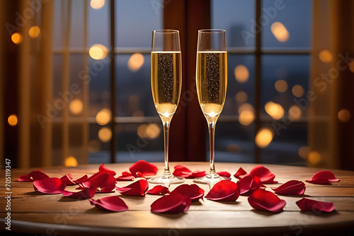 Red rose petals artfully scattered across an antique wooden table, two tall champagne glasses with delicate golden rims catching the soft flicker of candlelight. Generative AI