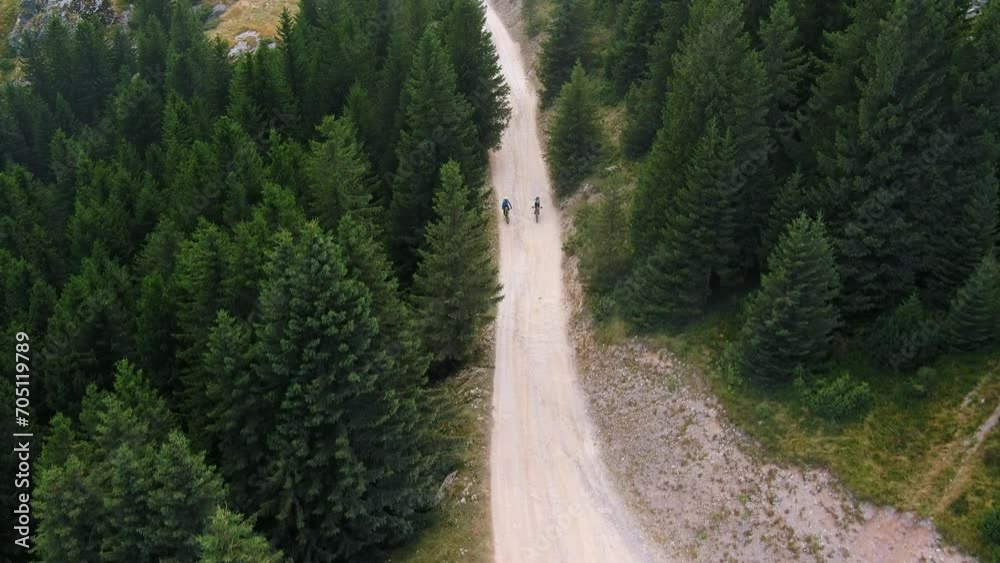 Aerial View of Two Cyclists Riding Bikes on a Mountain Road Amidst a Forest Aerial View of Two Cyclists Riding Bikes on a Mountain Road Amidst a Forest