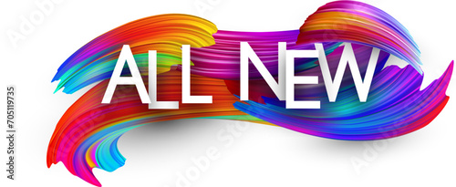 All new paper word sign with colorful spectrum paint brush strokes over white.