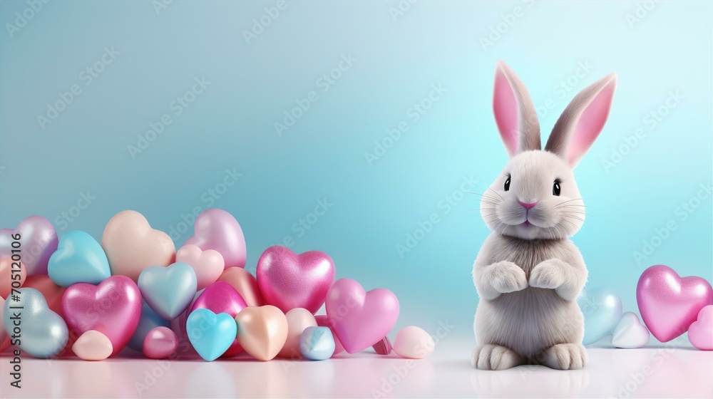 Fototapeta premium Valentine Day background with colorful hearts and a bunny