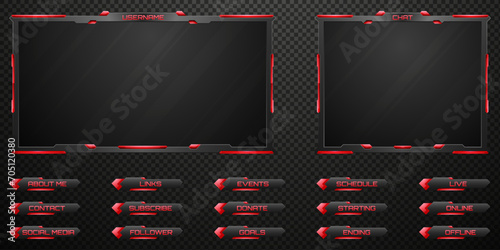 Live Stream Overlay Futuristic Black and Red Border Webcam Screen Frame and Stream Alert GUI Panels for Gaming and Video Streaming Platforms