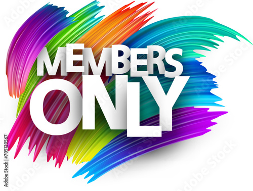 Members only paper word sign with colorful spectrum paint brush strokes over white.