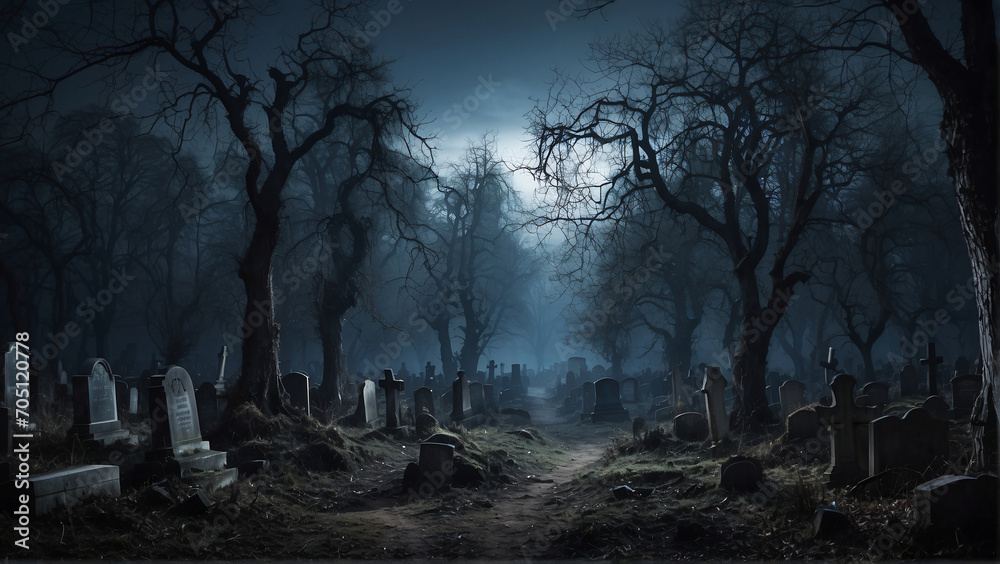 Creepy cemetery in the forest at night - obrazy, fototapety, plakaty 
