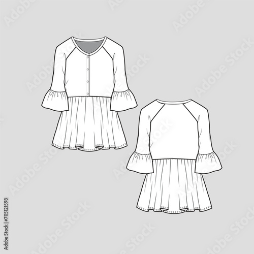 Ruffles bell sleeve raglan tunic top  button panel waist gathering Ruffles hem dress  t shirt blouse fashion flat sketch technical drawing template design vector