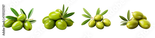 Set of Green olives with leaves isolated on a transparent background