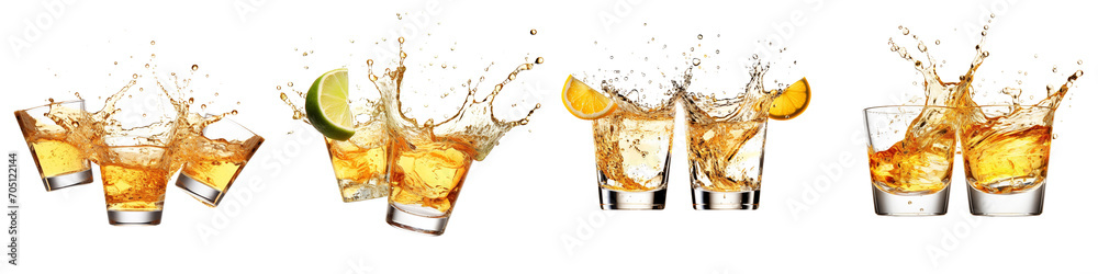 Set of Glasses shot of tequila making toast with splash isolated on a transparent background - obrazy, fototapety, plakaty 
