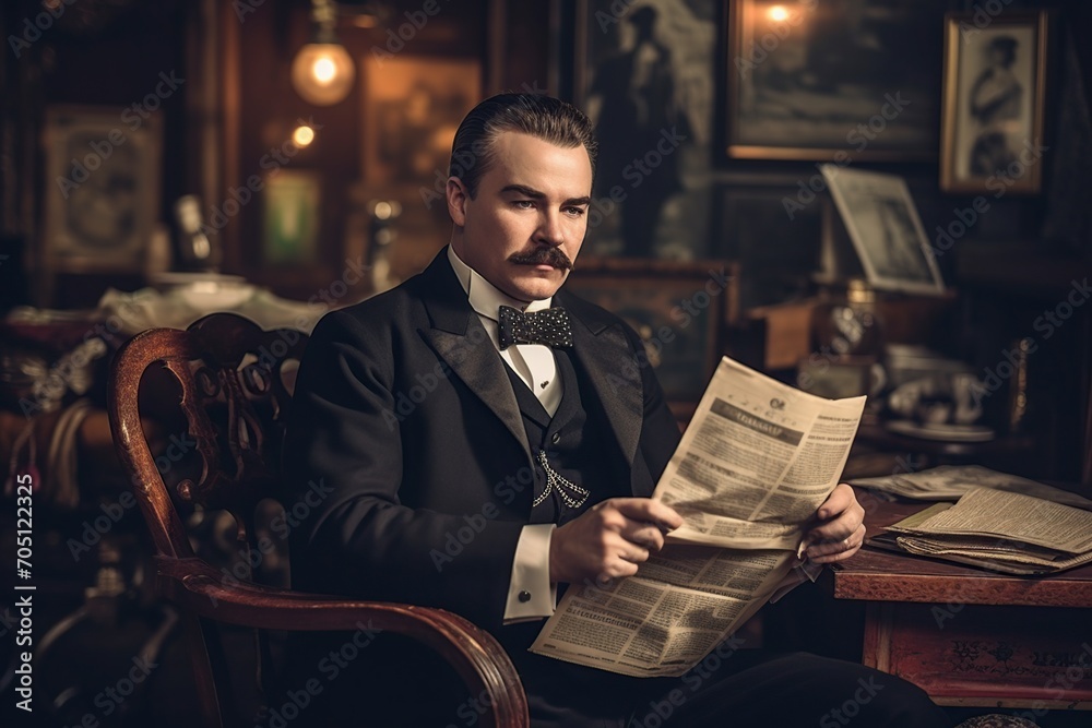 man in victorian times reading a new newspaper - obrazy, fototapety, plakaty 