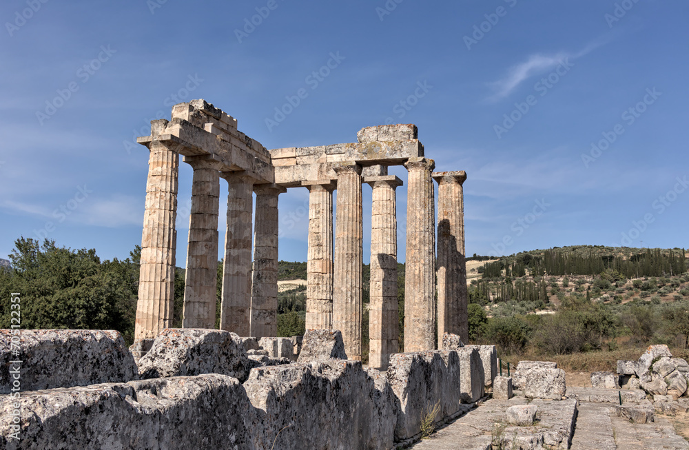 temple of zeus at ancient nemea (greek Peloponnese archaeological site in greece near corinth) ancient roman columns, ruins, history (travel, tourism destination in the Mediterranean sea (ruined site)