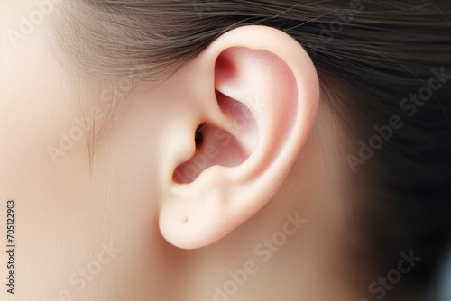 Closeup womans ear and details of human the ear. International Day for Ear and Hearing.Hearing problems and diseases. Educational content about physiology  photo