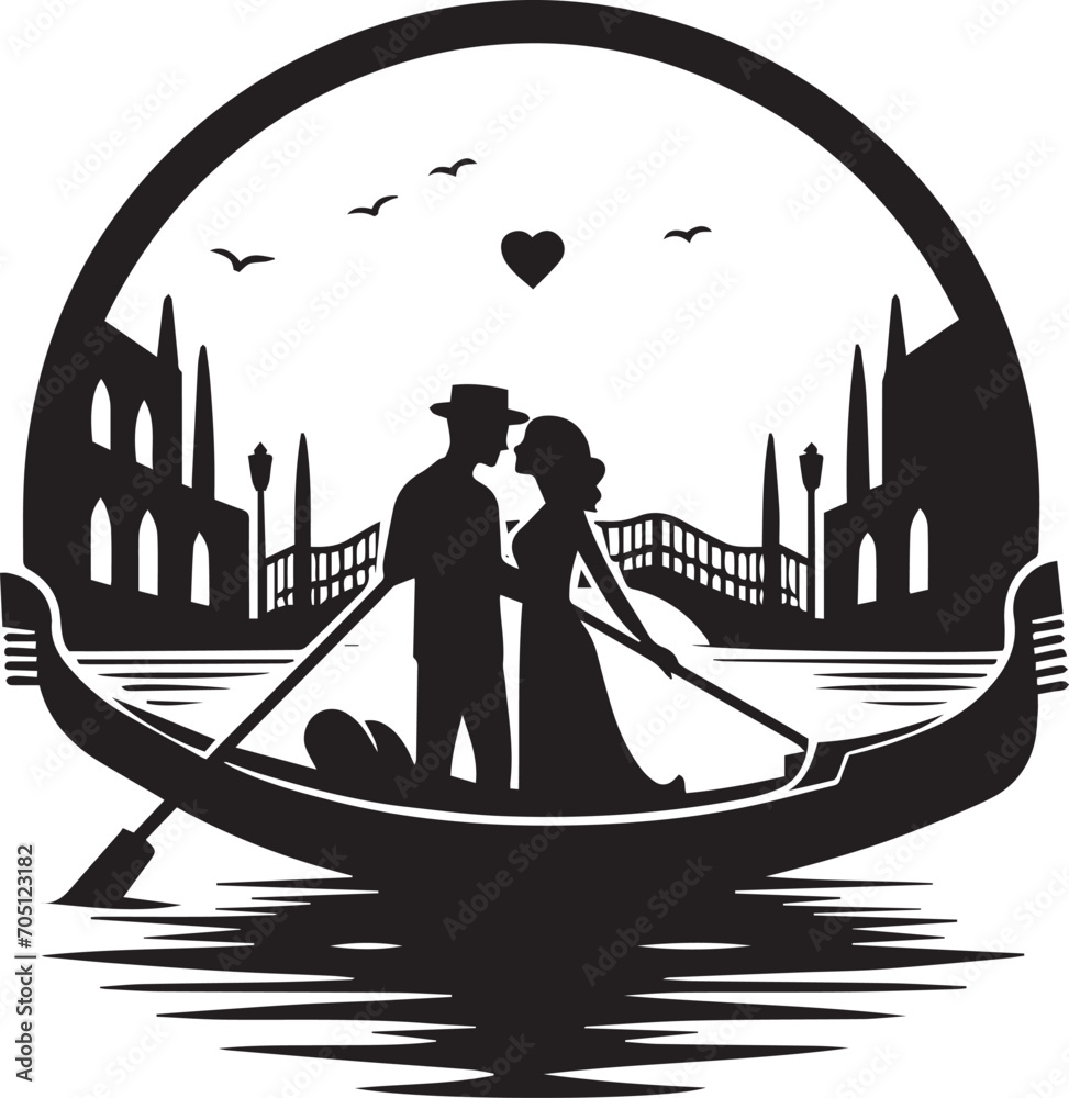 Silhouette illustration of a romantic scene with a couple in a Venetian gondola, standing in romantic pose in front of the bridge. - obrazy, fototapety, plakaty 