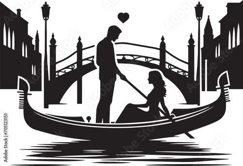 Silhouette illustration of a romantic scene with a couple in a Venetian gondola, gliding through serene Venice canals in front of the bridge.