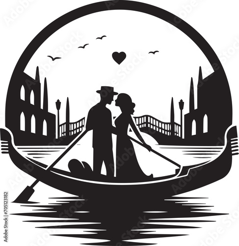 Silhouette illustration of a romantic scene with a couple in a Venetian gondola, standing in romantic pose in front of the bridge.
