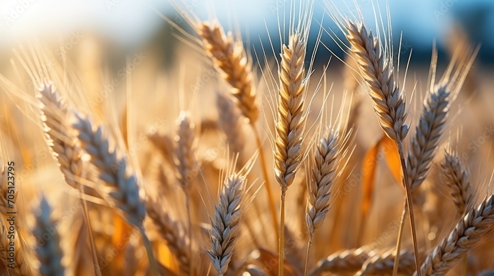 A close-up view of a wheat field with golden brown stalks. The vibrant colors and textures create a serene and picturesque scene
