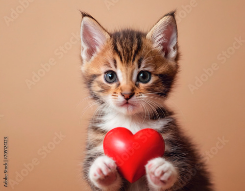 Kitten Holds Red Heart In Paws, Adorable Feline Captured With Symbol of Love