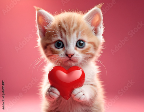 Kitten Holds Red Heart In Paws, Adorable Feline Captured With Symbol of Love © Anton Dios