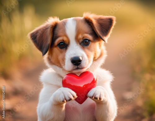 Adorable Puppy Holds Red Heart In Its Paws - Sweet Pet Love. A cute puppy holds a red heart in its tiny paws, showcasing an expression of love and affection. © Anton Dios
