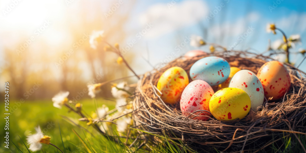 Easter eggs in blue pink yellow colors on the grass, blurred background, top view Easter eggs in blue pink yellow colors on the grass, blurred background, top view