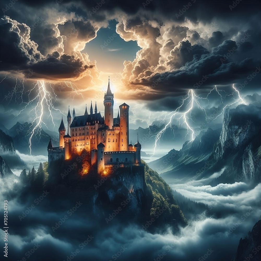 Castle on a stormy night with clouds and lightning around it