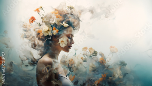 Fantasy portrait with double exposure, combining the profile of a girl and spring flowers. © Maria Moroz
