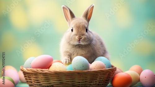 Little bunny in basket with colorful eggs - Easter Card On Green Pastel Background