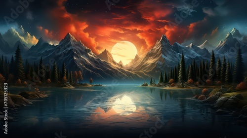 Fantasy landscape with mountains  lake and sunset