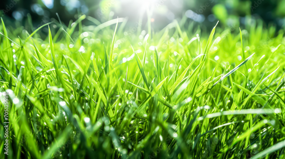 Bottom view of green grass in dew on an early summer morning. A serene stock photo capturing the freshness and tranquility of nature awakening Bottom view of green grass in dew on an early summer morning. A serene stock photo capturing the freshness and tranquility of nature awakening