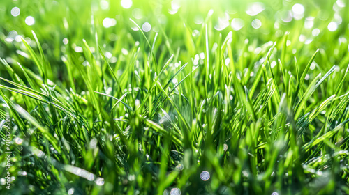 Bottom view of green grass in dew on an early summer morning. A serene stock photo capturing the freshness and tranquility of nature awakening