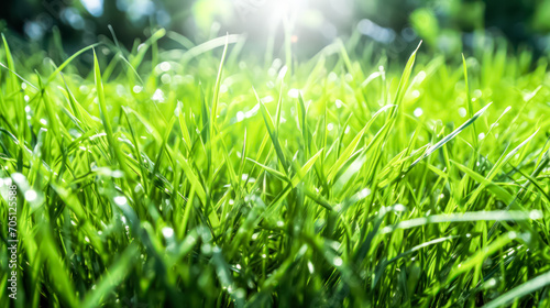 Bottom view of green grass in dew on an early summer morning. A serene stock photo capturing the freshness and tranquility of nature awakening