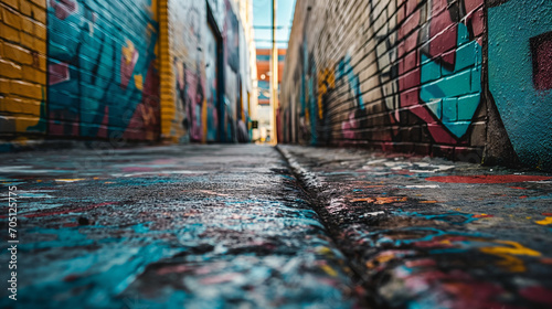 A ground-level view of a narrow alley with graffiti painted on all walls during the daytime