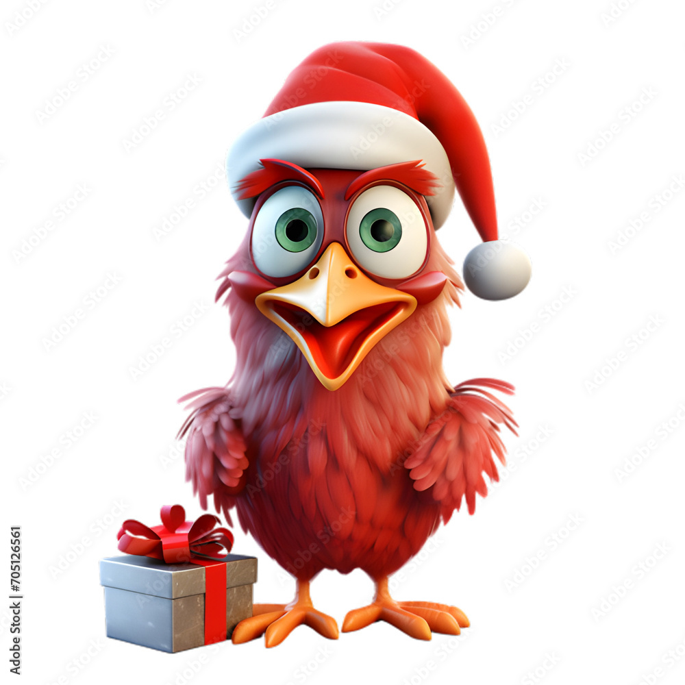 3d rooster wearing santa hat isolated on white and transparent background