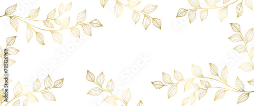 Golden leaf line art background vector. botanical line art wallpaper. Luxury cover design, golden line floral art for wall decoration and prints.