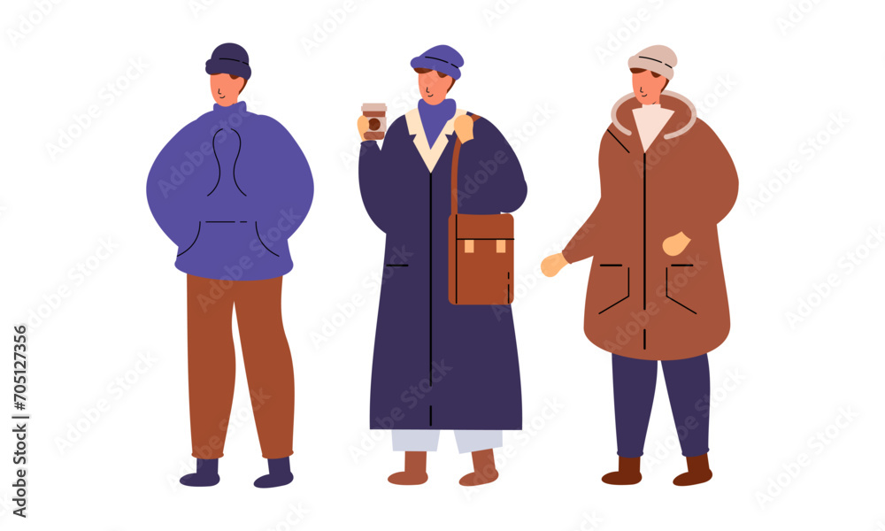 Stylish People Wearing Warm Winter Clothes. Men, Women in Outfits for Cold Weather Vector Illustration Stylish People Wearing Warm Winter Clothes. Men, Women in Outfits for Cold Weather Vector Illustration