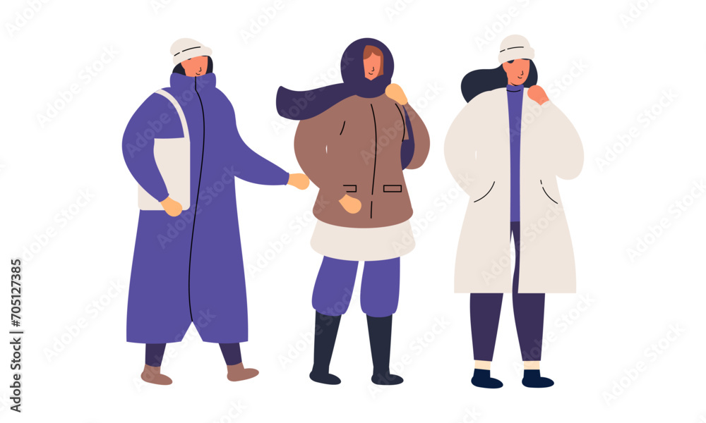 Stylish People Wearing Warm Winter Clothes. Men, Women in Outfits for Cold Weather Vector Illustration Stylish People Wearing Warm Winter Clothes. Men, Women in Outfits for Cold Weather Vector Illustration