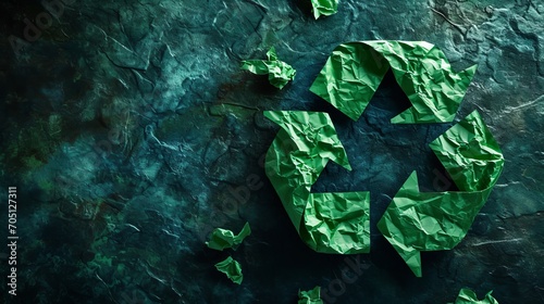 Green Recycling Symbol Surrounded by Rocks, Eco-Friendly Waste Management Concept photo