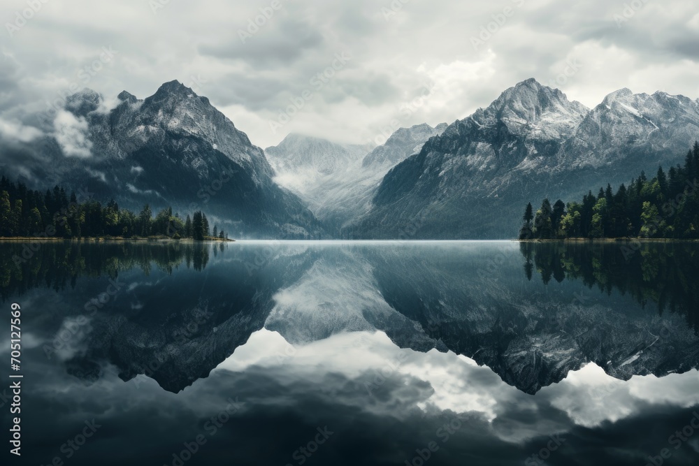 A reflective shot of a calm lake mirroring the mountains. Generative AI