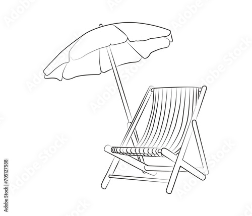 Vector one line drawing beach umbrella chair for summer holiday concept