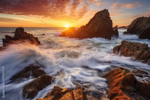 A serene seascape with waves crashing on rocks. Generative AI © Aditya