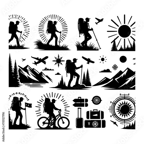 set of hiker silhouette vector illustration