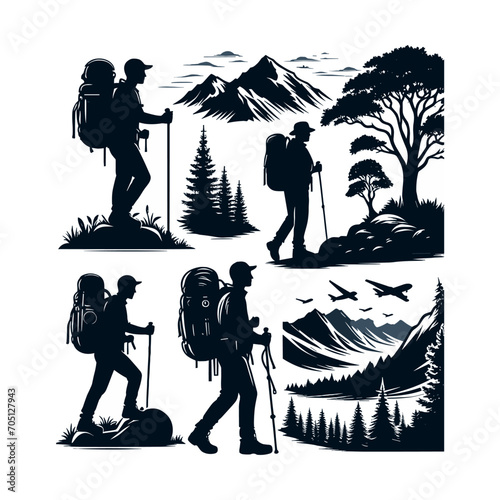 set of hiker silhouette vector illustration