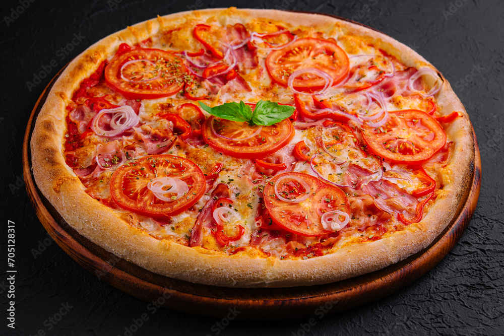 pizza with bacon onions and tomatoes pizza with bacon onions and tomatoes