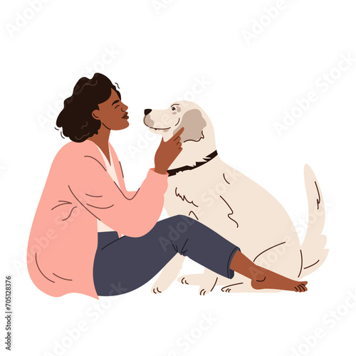Happy young woman taking care of her dog. A labrador dog and its owner are hugging. Caring for a pet. Cartoon vector illustration
