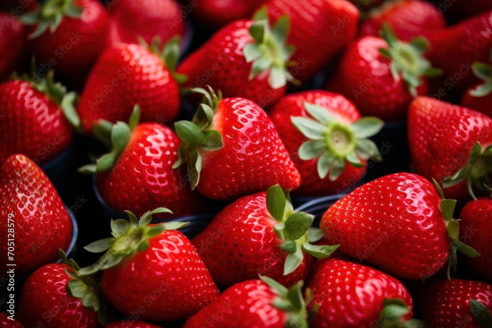 Close-up of lots of fresh, ripe, bright red strawberries and green leaves creating a tasty and healthy background. Close-up of lots of fresh, ripe, bright red strawberries and green leaves creating a tasty and healthy background.
