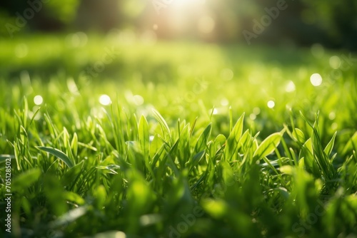 Fresh green grass on a sunlit meadow, conveying the vibrant beauty of morning nature.